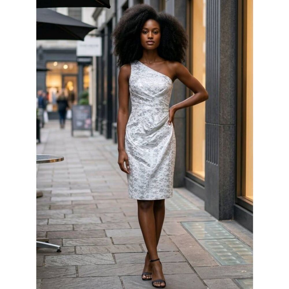 🔹️London Times Silver Brocade One Shoulder Cocktail Dress Size 6